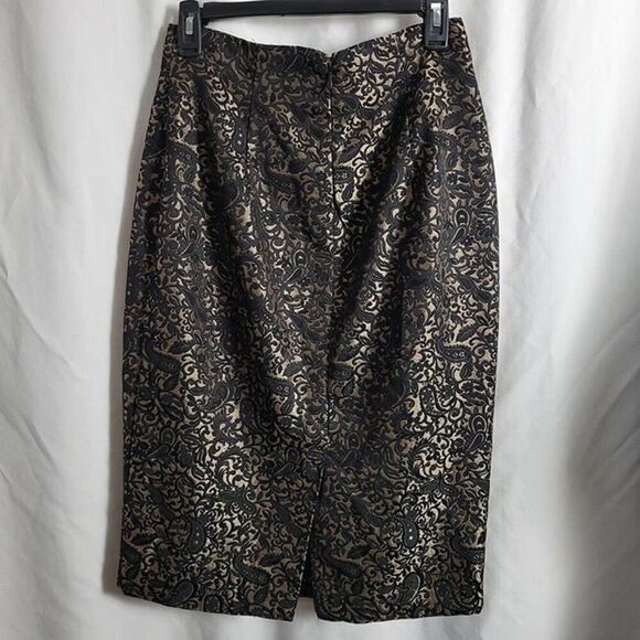 Worthington sz 4 Lace Overlay gold Pencil Skirt black gold zip up vintage EUC - Picture 3 of 8